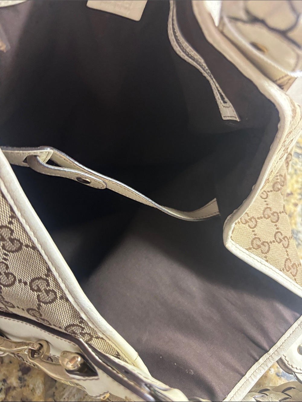 Vintage Gucci Beige Monogram Shoulder Bag with Cream Braided Handles. - Picture 12 of 13
